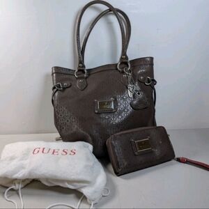 Guess Signature Monogram Faux Leather Handbag Purse Tote & Wallet set